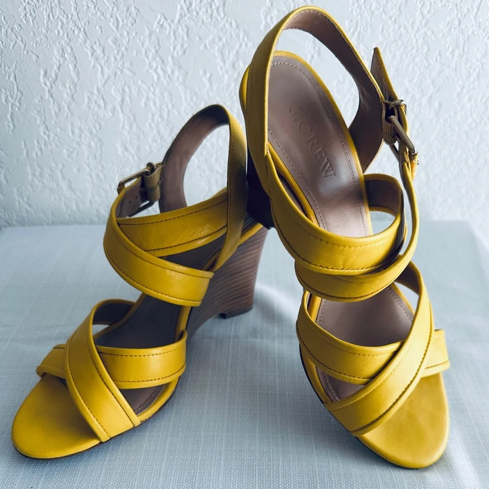 J Crew Shoe Lena Strappy Wood Wedge Sandals Leather Size 7.5 Yellow